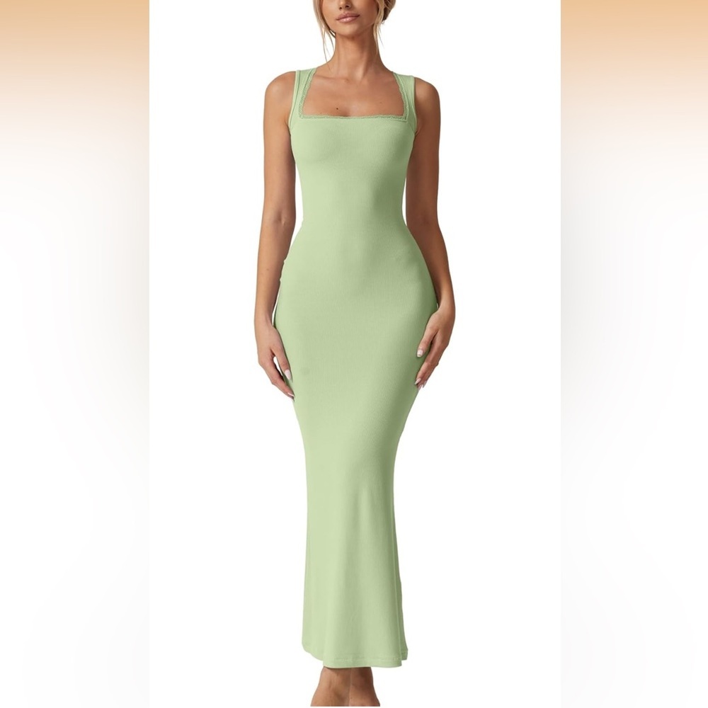 Women Square Neck Long Maxi Dress‎ Sleeveless Lounge Ribbed Full Length Green L